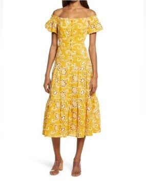 Floret Studios | Off the Shoulder Yellow Floral Midi Dress- M